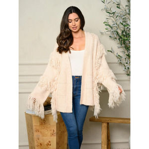 Beige Boho Fringe Open Front Cardigan